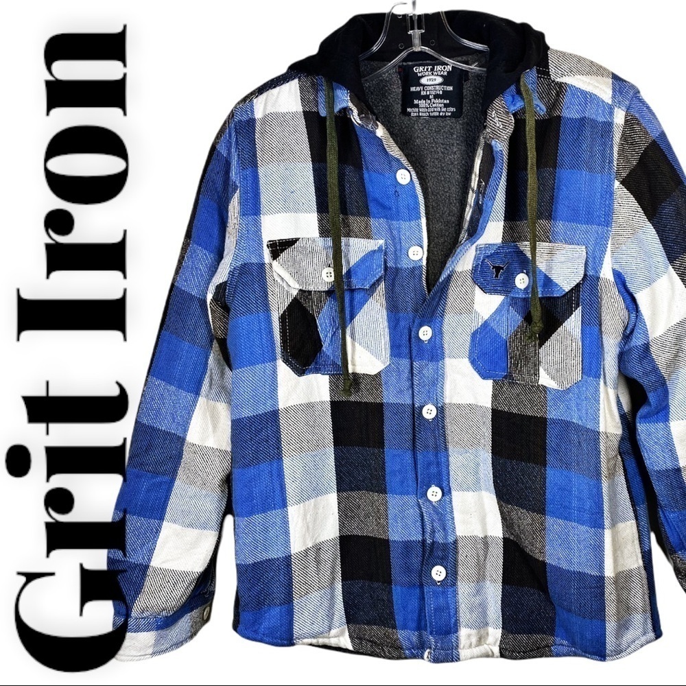 GRIT IRON Blue & Black‎ Plaid Fleece Lined Hoodie Shacket, Size Medium